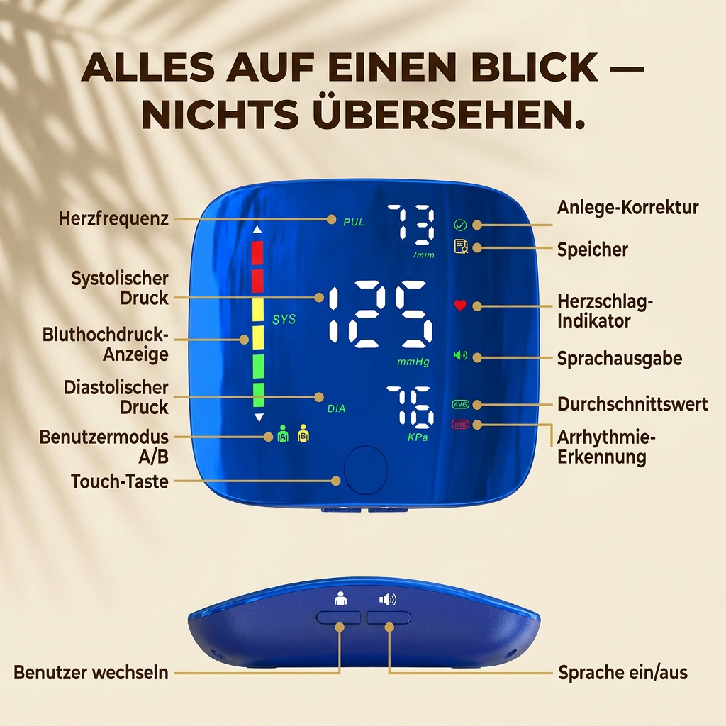 Ruhevia Blutdruckmessgerät | Präzise · Kabellos · Arrhythmie-Erkennung