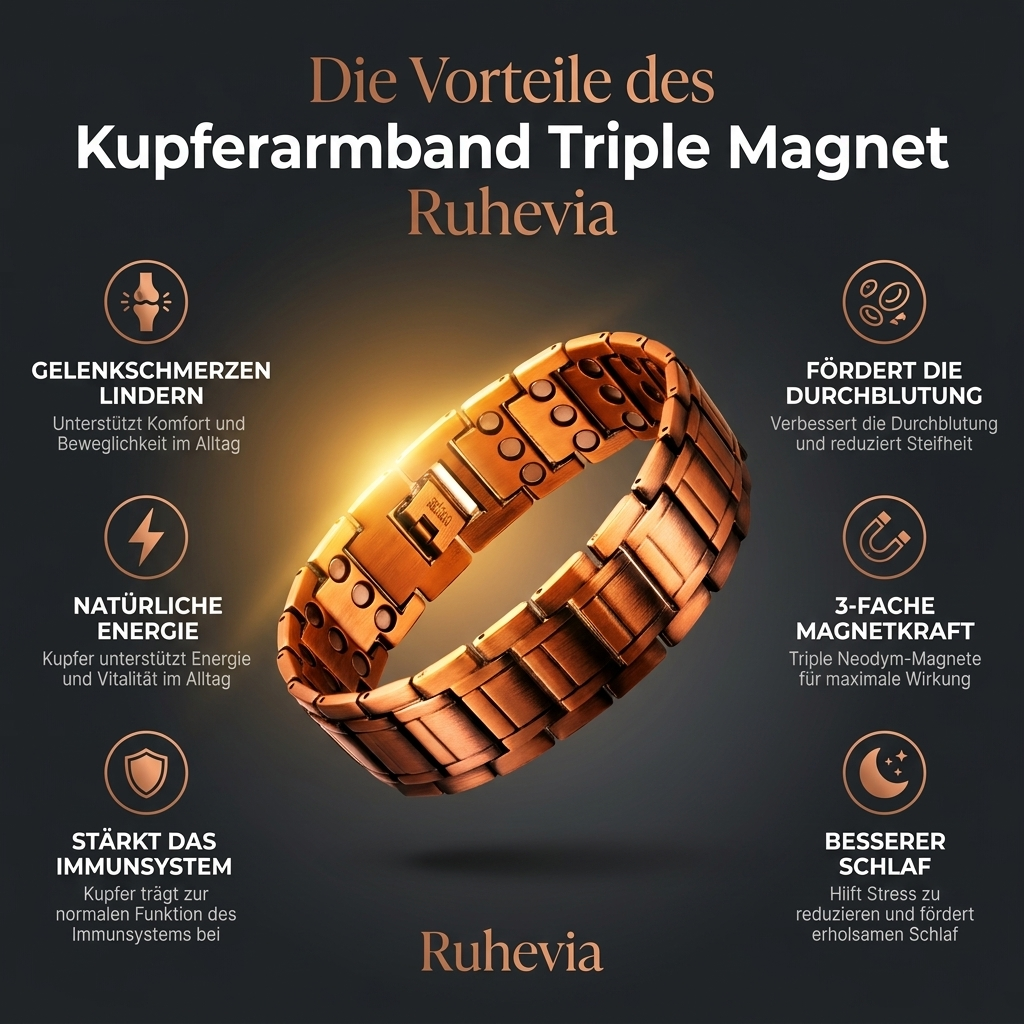 Ruhevia Kupferarmband Triple Magnet | Gelenke · Durchblutung · Schmerzfrei